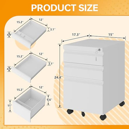 STANI Mobile File Cabinet with Lock Under Desk Metal Filing Legal/Letter File Folders Rolling Cabinet Metal File Cabinets Filing on Wheels with Drawers Assembly Required - color: White, size: 3 Drawers-Assembly Required