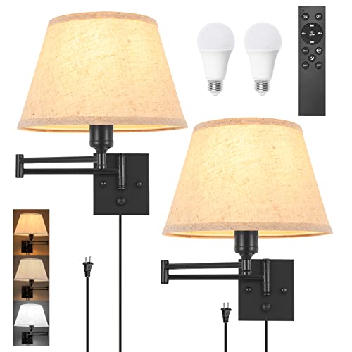 TRLIFE Wall Sconce Plug in, Remote Control Dimming 10-100% and Adjustable Color Temperature 2700K-6500K Swing Arm Wall Lights with Plug in Cord, 11.8" Large Beige Fabric Shade(2 Pack, 2 Bulbs) - color: Beige-Remote, size: Large