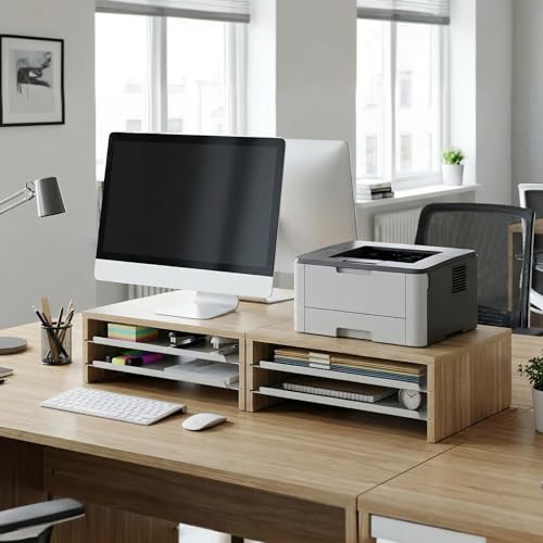 Fenge 14.3-Inch Monitor Stand with Slide-Out Trays, Wood & Metal Desk Shelf - color: Oak
