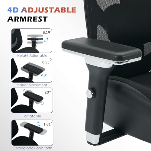 BOSMILLER 700lbs Big and Tall Office Chair with Wide Thick Seat Cushion for Sitting All Day,Ergonomic Mesh Desk Chair with Adjustable Lumbar Support for Heavy People,4D Armrests - color: Black