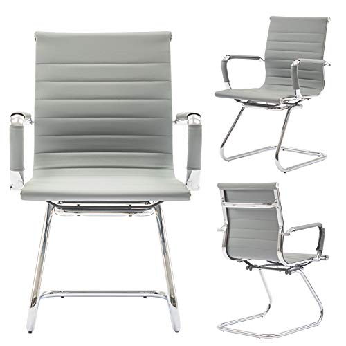 Conference Room Chairs Set of 2, Waiting Room Chairs with Arms, Faux Leather Reception Chairs No Wheels, Office Guest Chairs with Mid Back Support and Chrome Sled Base, Grey - color: Grey, size: 2PCS