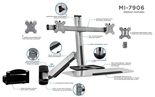Mount-It! Dual Monitor Wall Mount Workstation with Keyboard Tray & CPU Holder, Sit-Stand Gas Spring Computer Station, Fits Two 27” Displays, 17.6 lbs Each, VESA 75x75 100x100
