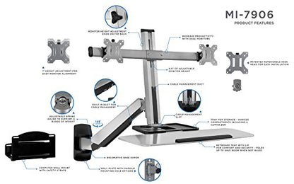 Mount-It! Dual Monitor Wall Mount Workstation with Keyboard Tray & CPU Holder, Sit-Stand Gas Spring Computer Station, Fits Two 27” Displays, 17.6 lbs Each, VESA 75x75 100x100