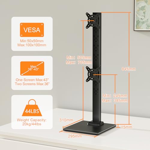 Suptek Dual Monitor Stand with Base for Two 13-36" Screen | Vertical Stack Screen, Free-Standing Monitor Riser, Swivel, Tilt, Height Adjustable - size: 13-36in(dual)