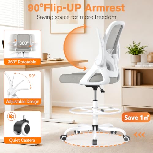 ORRSAKER Drafting Chair, Tall Office Chair with Flip-up Arms, Mesh Ergonomic Computer Standing Desk Chair with Adjustable Height Foot Ring and Lumbar Support, 300 LBS Capacity, Gray - color: Grey