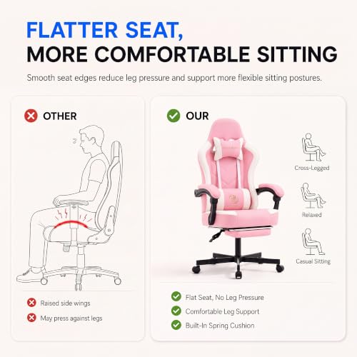 Desk Computer Gaming Chair - High Back Ergonomic Office Chair with Footrest and Lumbar Support, Swivel Comfy Home Gamer Video Game Chairs with Pocket Spring Cushion for Adults (Pink Leather) - color: Classic Pink Leather