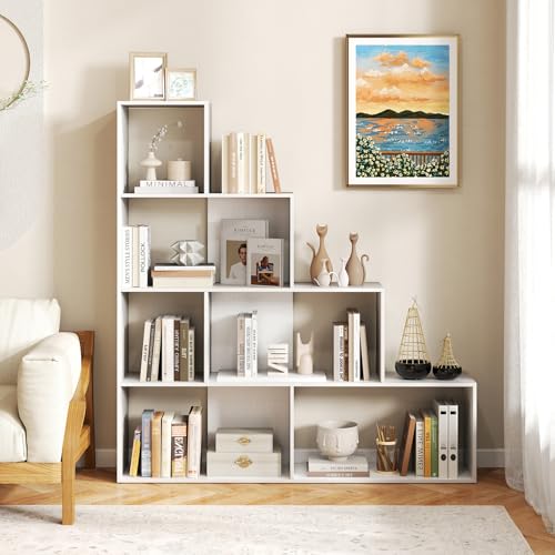 6 Cubes Bookshelf, L Shaped Ladder Corner Open Bookshelf, 4 Tier Stepped Etagere Bookcase, Wooden Geometric Display Shelf, 10 Shelves Storage Organizer for Living Room Home Office - color: White