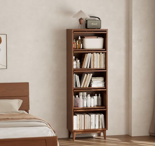 KungFuWood Wooden Bookcase with Tempered Glass Doors, Solid Wood Bookshelf, Display Cabinet case for Apartments, Home Offices (4 tire 60") - size: 14"D x 25"W x 60.2"H