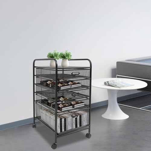 Rolling File Cabinet with 5 Drawers, Filing Cart Under Desk Storage Office Organizer with Table Top & Wheels, Utility Cart File Folder Printer Stand, L11.8×D15×H24.4in, Black - size: 5 Tier