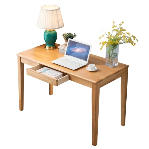 Solid Wood Desk with Drawer, Wooden Home Office Desk for Work, Student Computer Desk for Small Spaces, Gaming Study PC Desk for Bedroom, Easy to Assemble (Teak Color 39 inch) - color: Teak Color 39 Inch