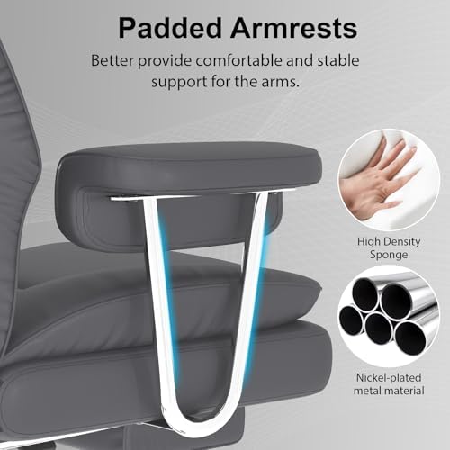 Big and Tall Office Chair, Executive Home Office Desk Chair, Comfy Leather High-Back Reclining Computer Chair with Retractable Footrest and Padded Arms, 360°Swivel Rolling Wheels, Wide Seat, Gray - color: Grey