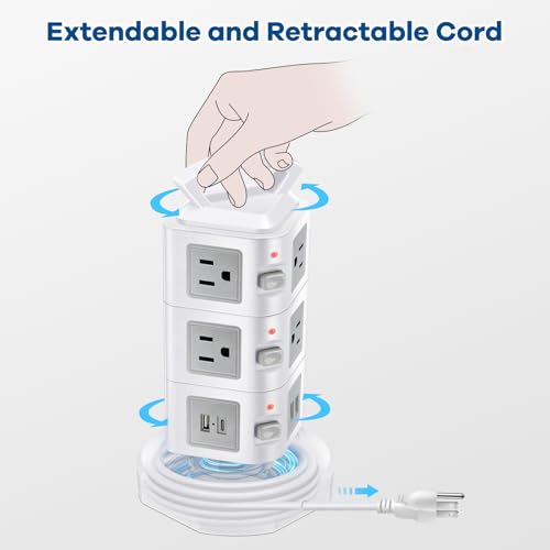 10-Outlet Power Strip USB C 20W Surge Protector | Retractable Extension Cord with 4 USB Ports | Desk Organizer Plug Outlet Extender | Charging Tower for Cell Phone, Computer, Electronic, Home, Office