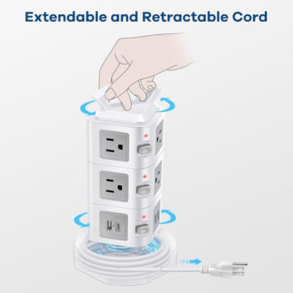 10-Outlet Power Strip USB C 20W Surge Protector | Retractable Extension Cord with 4 USB Ports | Desk Organizer Plug Outlet Extender | Charging Tower for Cell Phone, Computer, Electronic, Home, Office