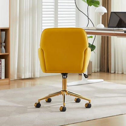 YITAI Velvet Office Desk Chair with Wheels and Gold Base,Modern Height Adjustable 360 Degree Swivel Upholstered Vanity Chairs with Arms for Living Room Bedroom, Study,Yellow - color: Gold Yellow