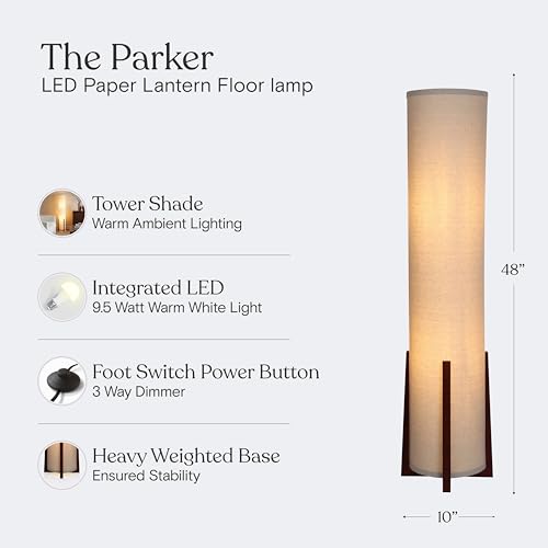 Brightech Parker Paper Lantern Floor lamp, 48 Inch Tall Lamp with Wood Frame, Asian Design for Bedroom, Decorative Tower Shade Lamp for Living Rooms & Offices, Great Living Room Décor