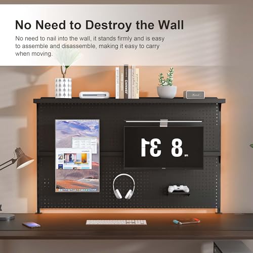 Metal Pegboard Desk Organizer with Dual Monitor Stand, 59x35 Inch Clamp-On Privacy Panel, Carbon Steel Gaming Desk Wall Organizer with 3 Accessories, Black Office Desk Storage System