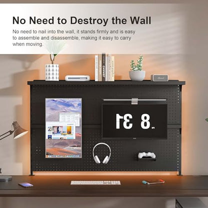 Metal Pegboard Desk Organizer with Dual Monitor Stand, 59x35 Inch Clamp-On Privacy Panel, Carbon Steel Gaming Desk Wall Organizer with 3 Accessories, Black Office Desk Storage System