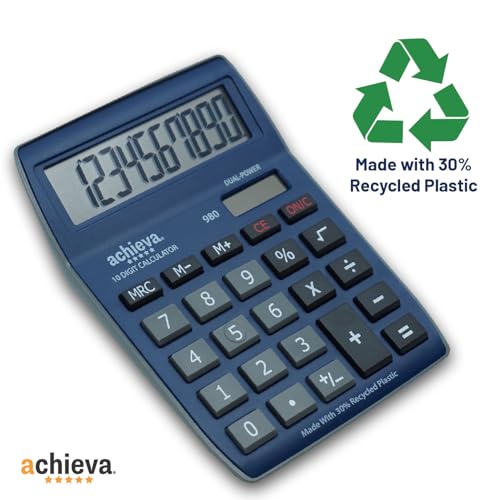 Achieva 10-Digit LCD Display Desktop Calculator | Blue, Gray | Dual Solar & Battery Power | Made with 30% Recycled Plastic | for Home, Office, School (980) - color: Blue/Gray