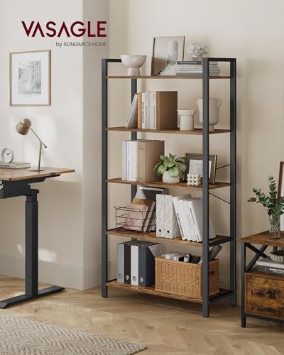 VASAGLE 5-Tier Bookshelf, Bookcase with Steel Frame, Book Shelf for Living Room, Home Office, Study, 11.8 x 31.5 x 60.2 Inches, Industrial Style, Rustic Brown and Ink Black ULLS081B01 - color: Rustic Brown + Ink Black, size: 5 Tiers (11.8"D x 31.5"W), sty