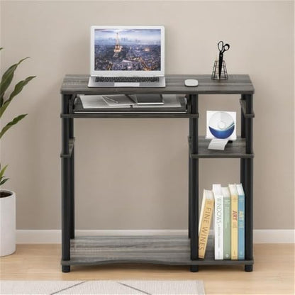 Pemberly Row Wood Computer Desk with Bookshelf, French Oak Gray and Black Finish, Durable Engineered Wood, Sliding Keyboard Tray, Side Shelves, Compact Space-Saving Design for Apartments or Dorm Rooms