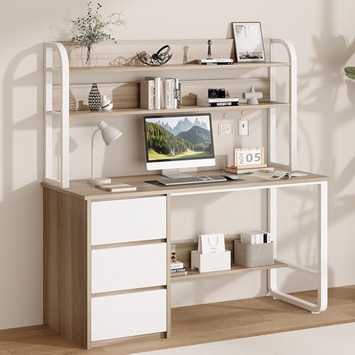 MaverickFurni 55 Inch Computer Desk with Hutch and 3 Drawers, Natural Oak - color: Natural Oak, size: 55"W