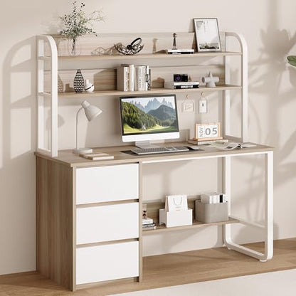 MaverickFurni 55 Inch Computer Desk with Hutch and 3 Drawers, Natural Oak - color: Natural Oak, size: 55"W