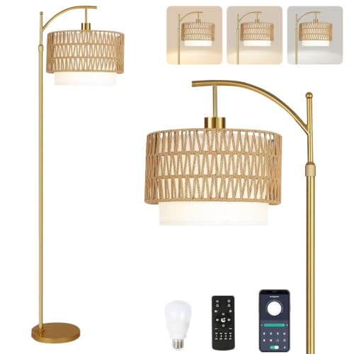 Gold Floor Lamps for Living Room Rattan Boho Floor Lamp with Remote Control & 3 Color Temperature, Dimmable Arc Floor Lamps Wicker Lamp Shades Brass Standing Lamp Tall Floor Lamp For Bedroom Corner - color: gold-boho-circular column, size: 12 inch