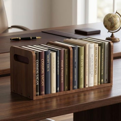 100% Solid Wood Adjustable Desktop Bookshelf With Movable Divider, Retro Tabletop Bookshelf With Convenient Handle Design for Living Room, Home, Office, Perfect for Magazines, Books, Files (Brown) - color: Brown
