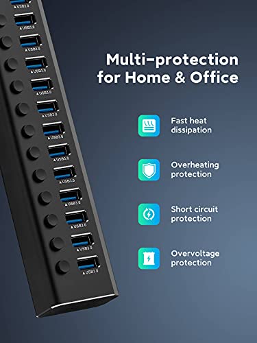 Rosonway 16-Port 96W Powered USB 3.0 Data Hub, Aluminum Housing, RSH-A16 - size: 16-Port Powered USB Hub