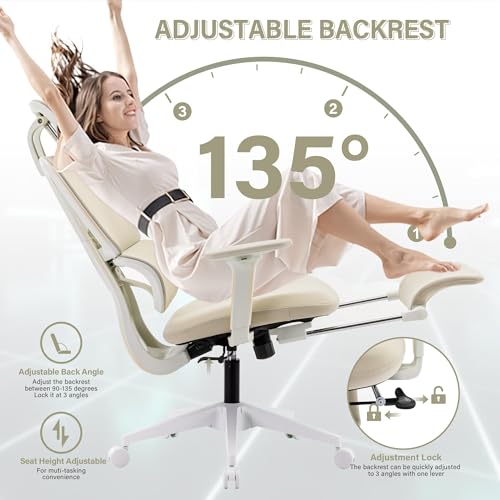 Ergonomic Office Chair with Retractable Footrest, Cream | High Back Design, Dynamic Lumbar Support, 2D Headrest & 2D Armrests, Breathable Mesh Back for Home Office - color: Cream