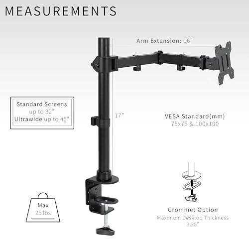VIVO Single Large Monitor Arm Desk Mount, Holds Screens up to 45 inch Ultrawide, Fully Adjustable Stand with C-Clamp and Grommet Base, VESA 75x75mm or 100x100mm, Black, STAND-V149