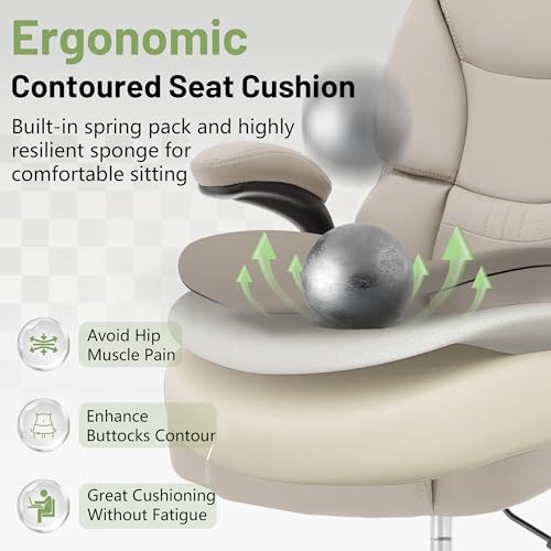 500LBS Drafting Chair, High Back Safer Standing Desk Chair, Executive Tall Office Chair with Flip-up Armrests, Upholstered PU Leather Task Chair, Ergonomic Seat with Adjustable Height&Foot Ring,Beige - color: Beige