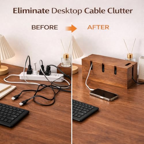Large Acacia Wood Cable Management Box for Power Strips - color: Natural Brown
