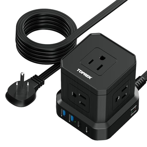 TOPREK Power Strip Surge Protector (700J), 10 FT Flat Extension Cord with 5 Outlets, 2 USB-C & 2 USB-A, Power Strip with USB for Home, Office, Dorm, Hotel, Travel, Compact Desk Charging Station - color: Black