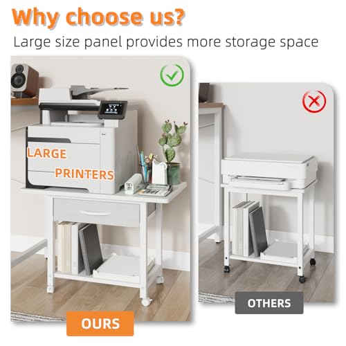 YAOHUOO 22"x15" Large Printer Stand with Drawer, 2-Tier Rolling Table Cart - color: White, size: 2-Tier
