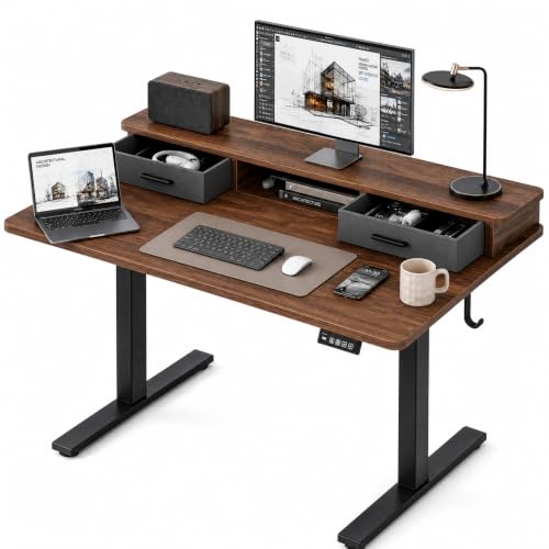 Grandder Electric Standing Desk with Two Drawers, Sit to Stand Up Height Adjustable Desk with Storage Shelf for Home Office, 47 * 24 Inch, Study, Ergonomic Adjustable Computer Desk, Walnut - color: Walnut, size: 47 Inch