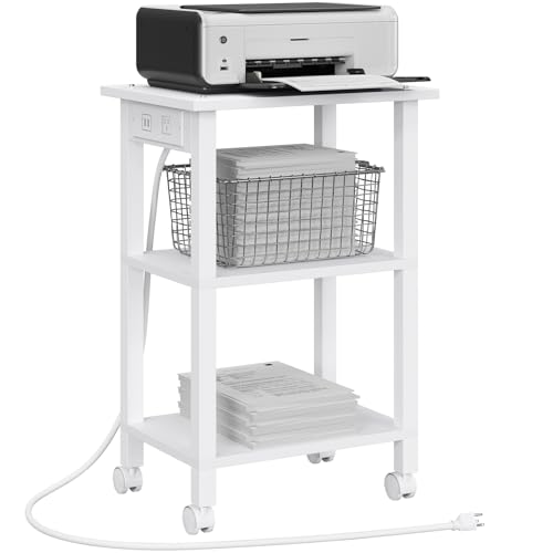 TUTOTAK Printer Stand, 3 Tier Rolling Printer Cart with Charging Station - color: White, size: 3 tier(15.7 x 11.8 x 23.6inchs)