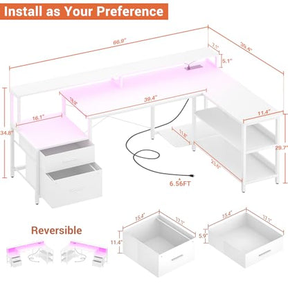 Aheaplus L Shaped Desk with Power Outlet & LED Strip, L Shaped Gaming Desk