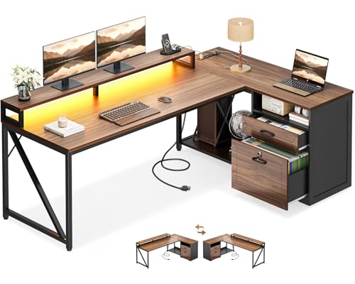 AODK 61 Inch L Shaped Executive Desk with Lockable File Cabinet, Walnut