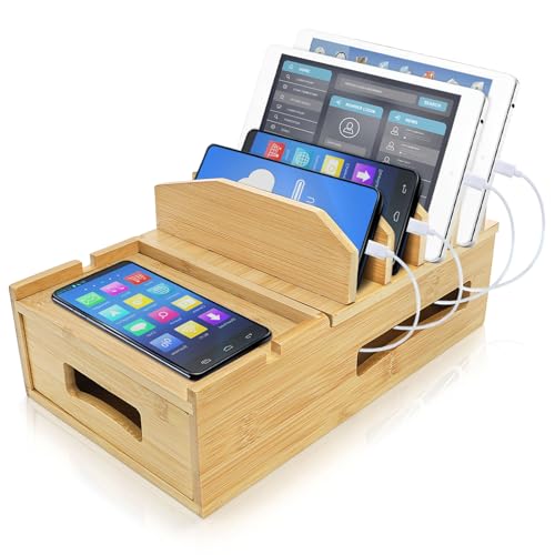 ZOOFOX Bamboo Charging Station for Multiple Devices, Desk Docking Station with Removable Divider Slots and Drawer, Bedside Charging Station Compatible with Smartphone, Tablet, Laptop, Earphone