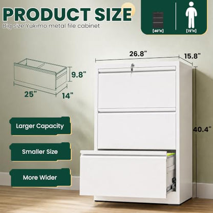 3 Drawer Lateral File Cabinet with Lock, File Cabinet for Home Office,White | Heavy-Duty Steel Locking File Cabinet, Hanging Letter/Legal/A4 Size, Full-Extension Silent Drawer, Un-Assembly - color: White, size: 3 Drawers