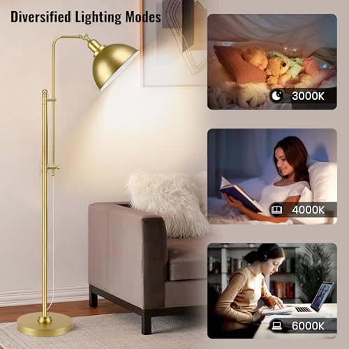 PARTPHONER Industrial Floor Lamp Adjustable, Rustic Farmhouse Reading Lamp in Aged Gold Finish, Modern Standing Lamp with Remote Control Metal Shade for Living Room Bedroom Study Room Office Hotel - color: Gold
