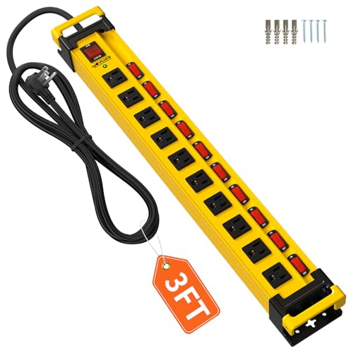 Plug'n 10 Outlet 3300J Surge Protector Power Strip with Individual Switches,Heavy Duty Metal Power Strip with Cord Manager,3FT/14AWG/15AMP/1875W Power Cord for Workshop,Garage - size: 10 Outlet, style: 3FT