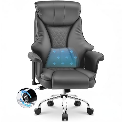 Big and Tall Office Chair - Executive High Back Leather Office Desk Chair with Adjustable Lumbar Support - Ergonomic Comfortable Heavy Duty Computer Gaming Chair with Padded Arms & Wide Seat - color: Grey