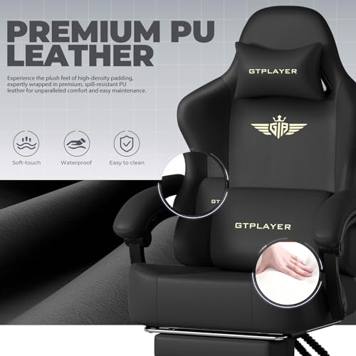 GTPLAYER Big and Tall Gaming Chair 400lbs Heavy Duty Office Chair with Footrest, High Back Pocket Spring Ergonomic Computer Chair for Adults, Wide Seated Cushion with Linkage Armrests, Leather Black - color: Dark Black