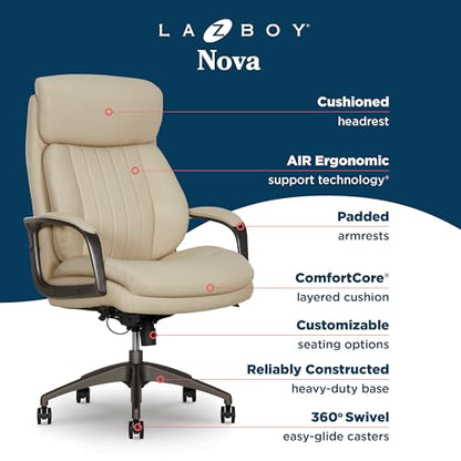 La-Z-Boy High-Back Ergonomic Office Chair, AIR Lumbar Support Leather Chair | Nova, 350lb Capacity Executive Task Chair, Padded Headrest & Arms, Layered Foam Seat Cushion, Swivel, Back Pain Relief, Cream - color: Cream