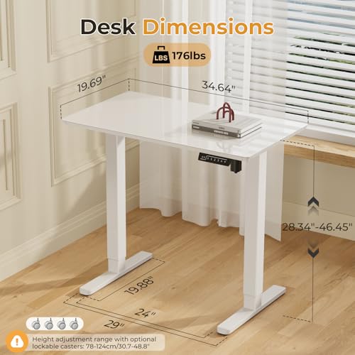 JOY worker Electric Glass Standing Desk, 35" Small Drafting Table on Wheels - color: White Glass, size: 35" * 20"