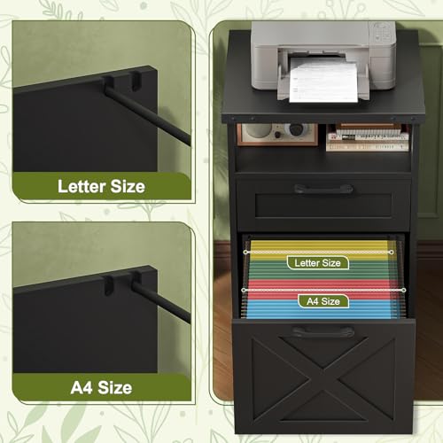 Vabches Office Filing Vertical Cabinet with 2 Drawers, Black | Farmhouse Filing Cabinet with Open Storage Space and Printer Stand for Hanging Files Letter/A4 for Home Office. - color: Black, style: Vertical