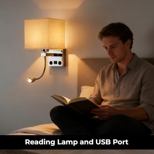 Sconces Wall Lighting Hardwired Modern Wall Lights for Bedroom with USB Port and Reading Lamp, Bedside Wall Lamps for Hotel, Living Room, Office (Silver) - color: Chrome+Reading Light