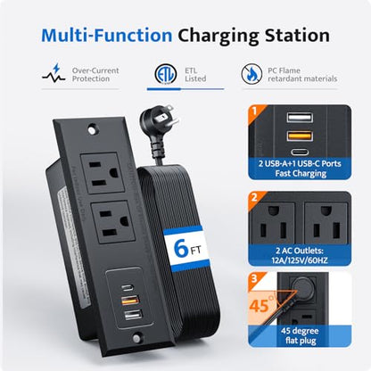 Recessed Power Strip with 20W USB C Port, Fast Charging USB A Port Conference Recessed Outlet, Space-Saver for Furniture Side Table, End Table, Desk Outlet with 6ft Cord, 45° Thin Flat Plug, Black